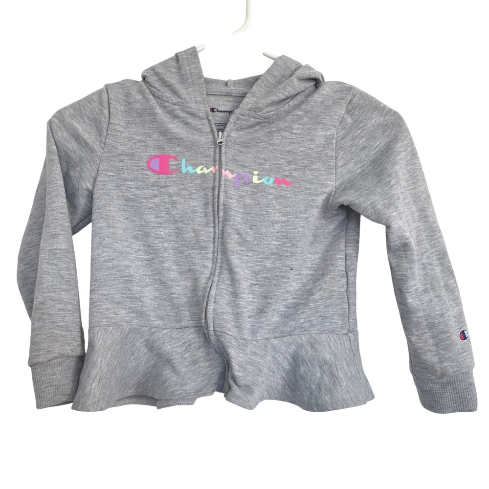 Girls Champion Gray Ruffle Zip Up Hoodie Rainbow Logo Size S